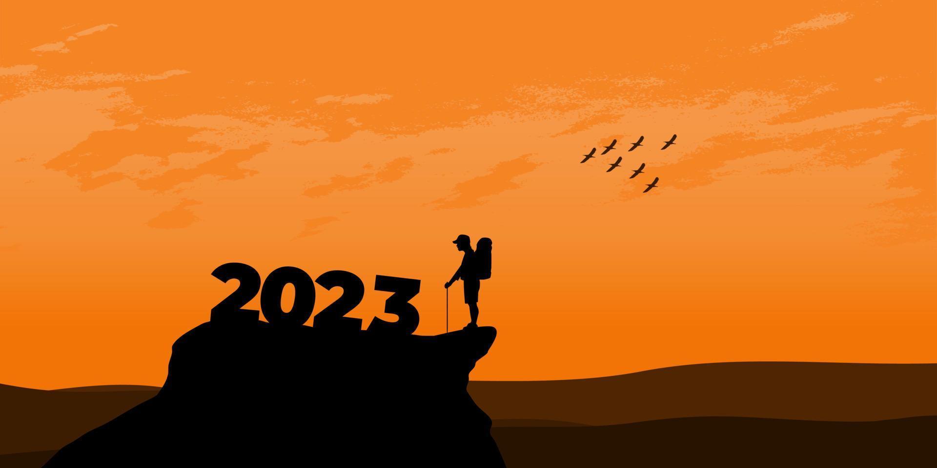 nieuw jaar 2023 concept. Mens voldoet aan dageraad in bergen voor nieuw jaar 2023. nieuw begin motivatie inspirerend citaat bericht Aan silhouet Mens vector