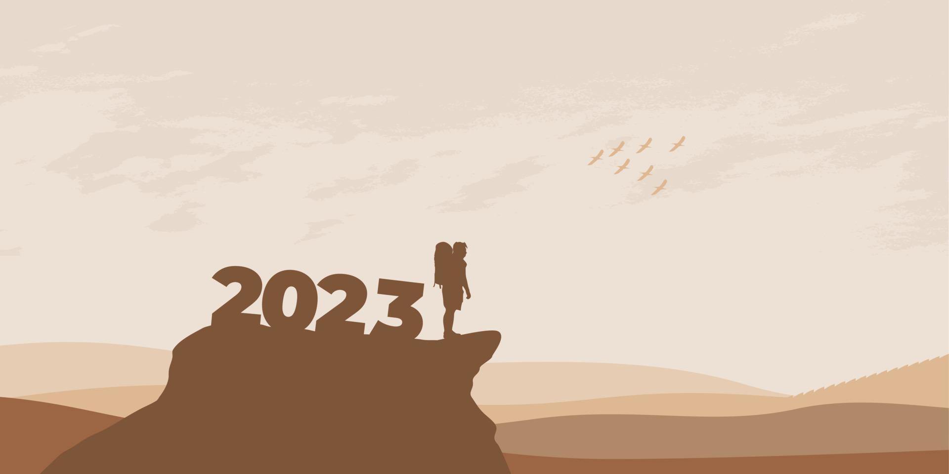 nieuw jaar 2023 concept. Mens voldoet aan dageraad in bergen voor nieuw jaar 2023. nieuw begin motivatie inspirerend citaat bericht Aan silhouet Mens vector