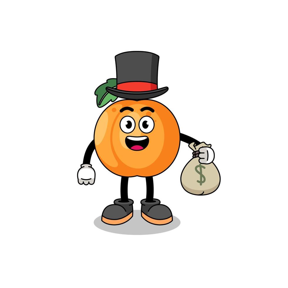 abrikoos mascotte illustratie rijk Mens Holding een geld zak vector