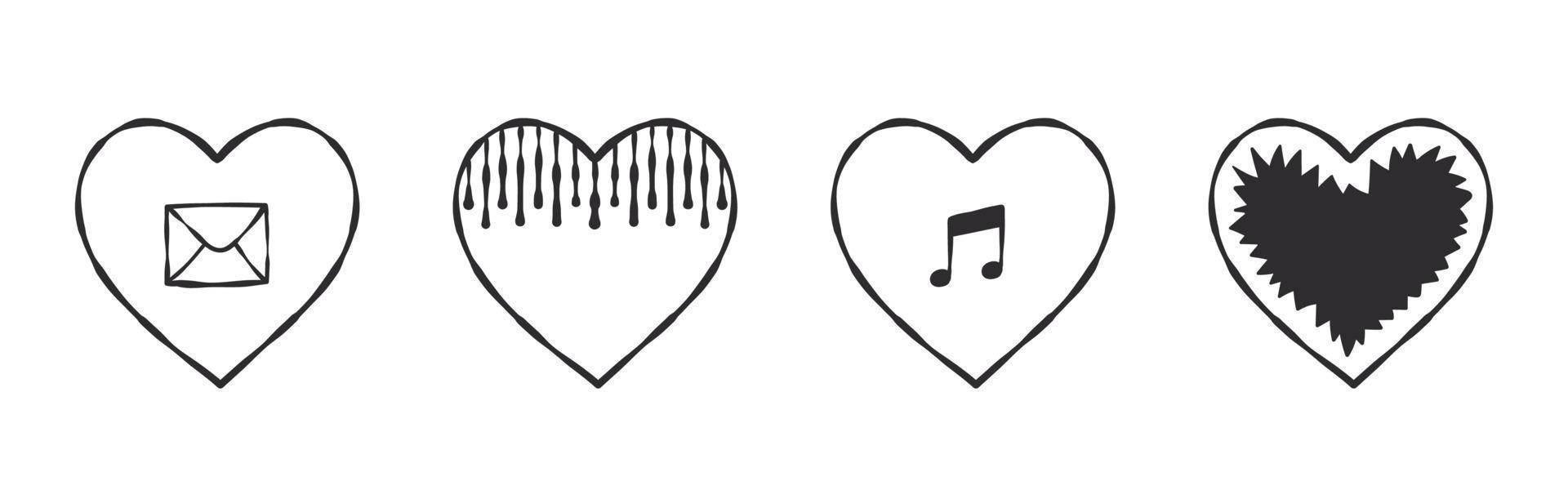 hart icoon verzameling. harten getrokken door hand- met divers tekens. vector afbeeldingen