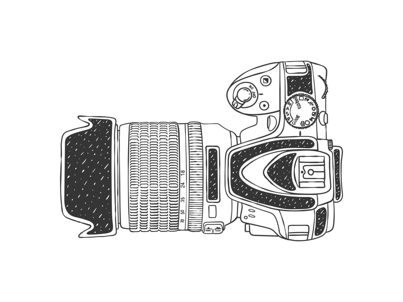 camera afbeelding. camera met groot lens. hand getekend afbeelding. vector illustratie