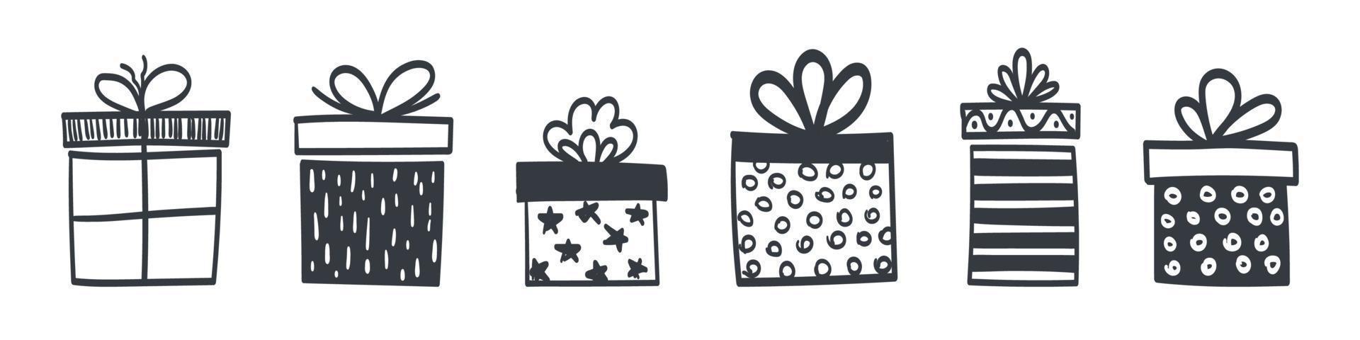geschenk doos pictogrammen. reeks van hand- getrokken geschenk dozen verschillend stijl en vormen. vector illustratie