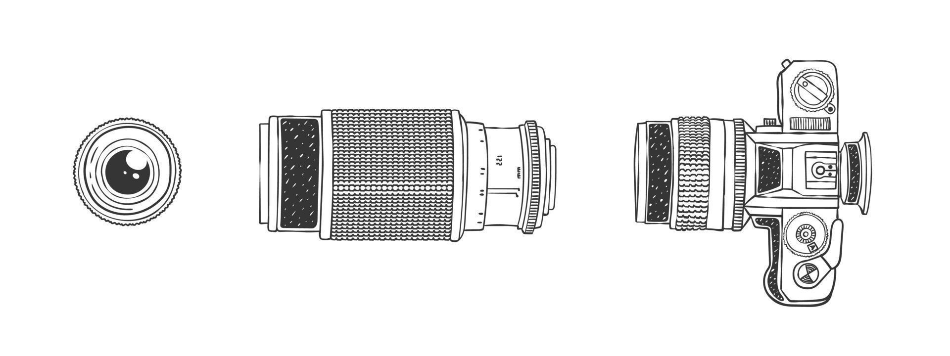 camera en lens. camera en lens schetsen. hand getekend afbeelding. vector illustratie