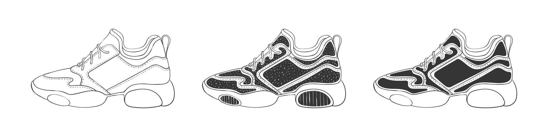 mode sneaker pictogrammen. modern sportschoenen. hand getekend sportschoenen. vector beeld