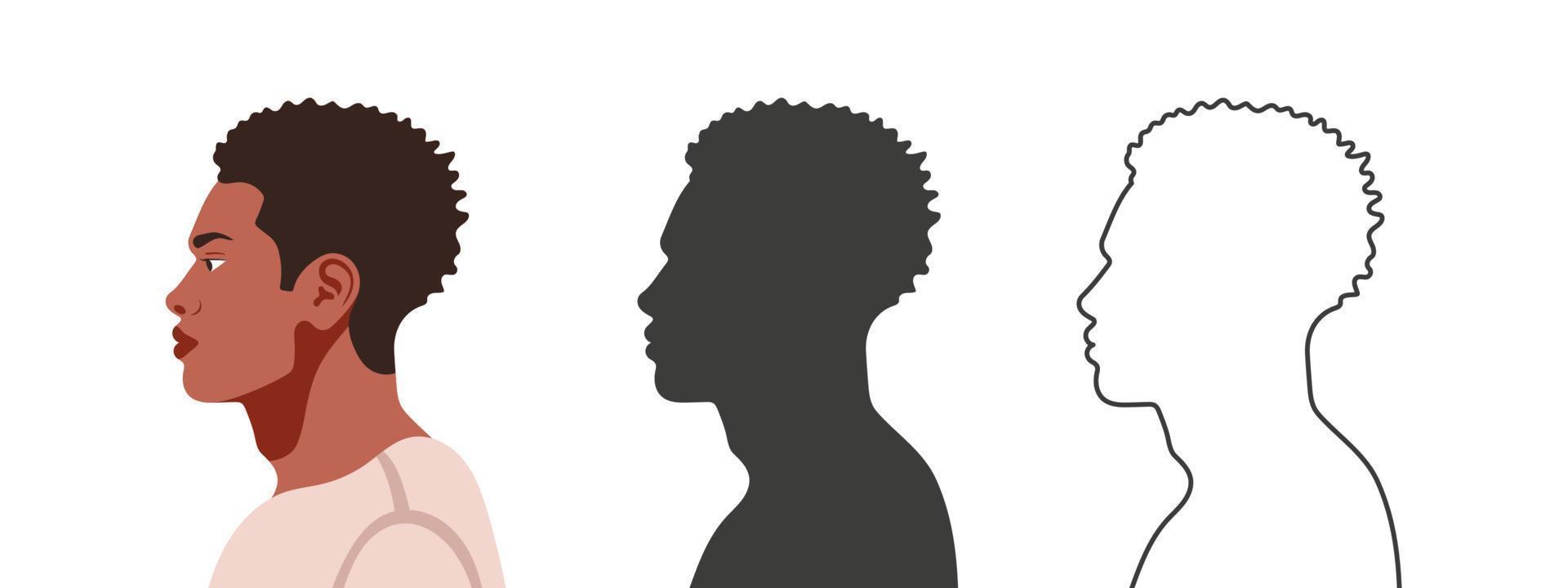 hoofden in profiel. gezicht van de kant. silhouetten van mensen in drie verschillend stijlen. profiel van een gezicht. vector illustratie