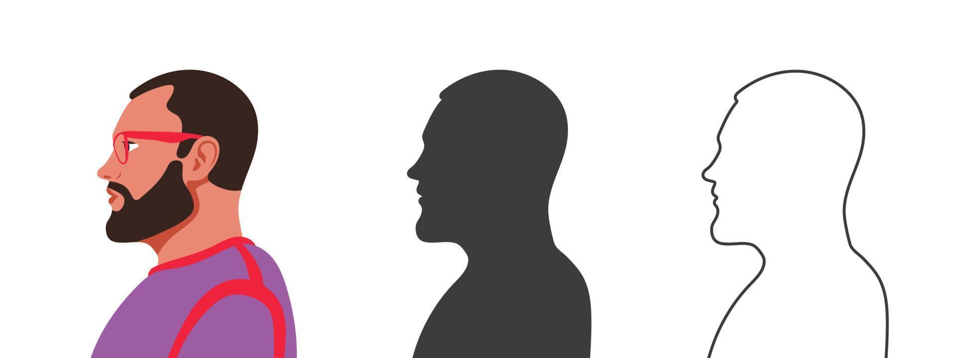 Mens met bril gezicht van de kant. silhouetten van mensen in drie verschillend stijlen. profiel van een gezicht. vector illustratie