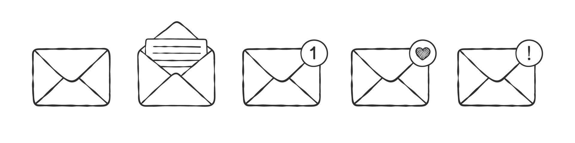 mail envelop icoon set. brief enveloppen. hand getekend enveloppen. vector pictogrammen