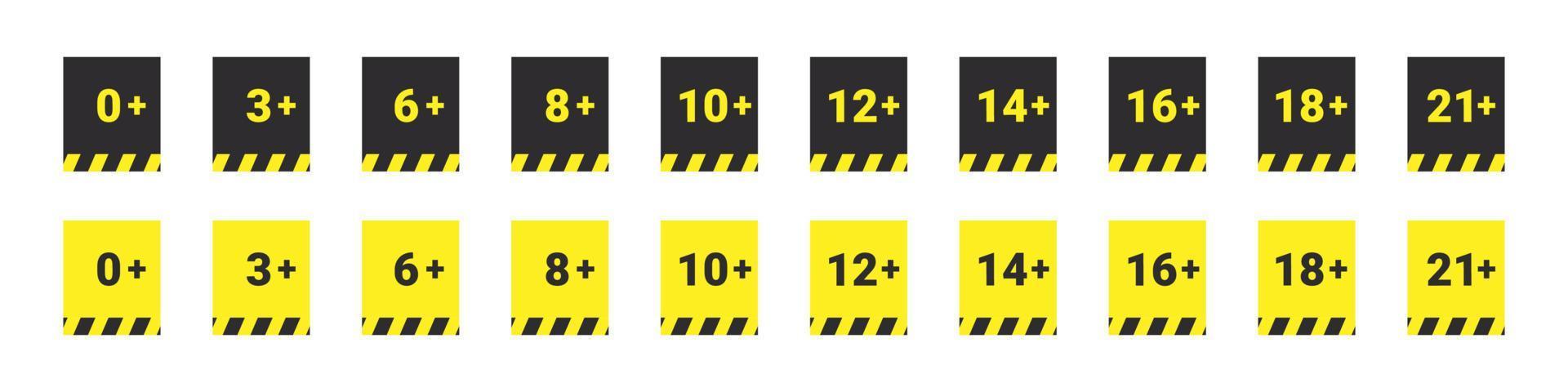 leeftijd beperking tekens. leeftijd waarschuwing tekens. aanbevolen leeftijd begrenzing pictogrammen. vector pictogrammen