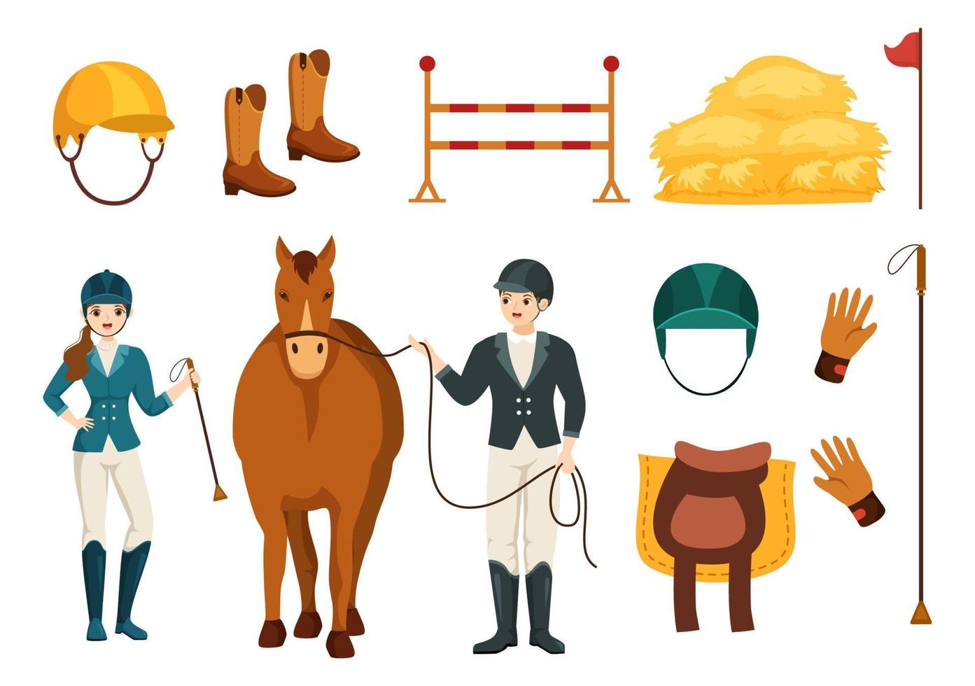 ruiter sport paard trainer met opleiding, rijden lessen en rennen paarden in vlak tekenfilm hand- getrokken sjabloon illustratie vector