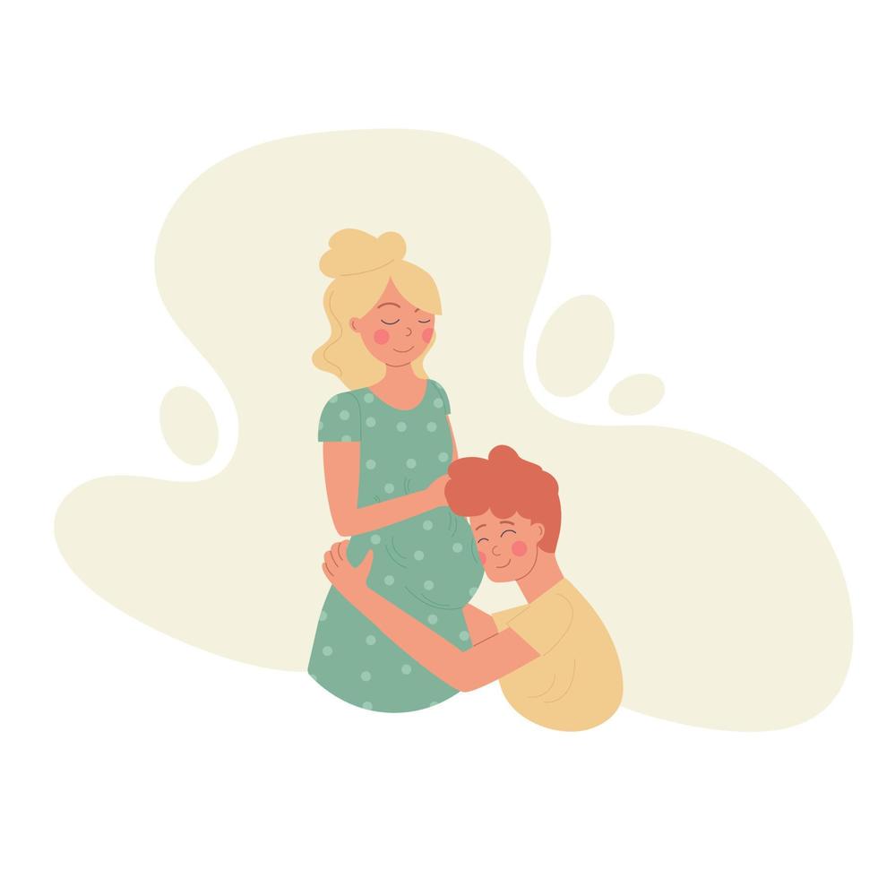 zwanger vrouw en Mens knuffelen haar buik. vector