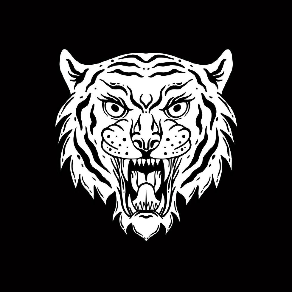 tijger hoofd kunst illustratie hand- getrokken zwart en wit vector voor tatoeëren, sticker, poster enz
