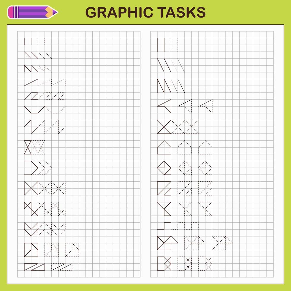 grafisch taken. leerzaam spel voor peuter- kinderen. werkbladen voor beoefenen logica en motor vaardigheden. spel voor kinderen. grafisch taken met verschillend voorwerpen en elementen. vector illustratie