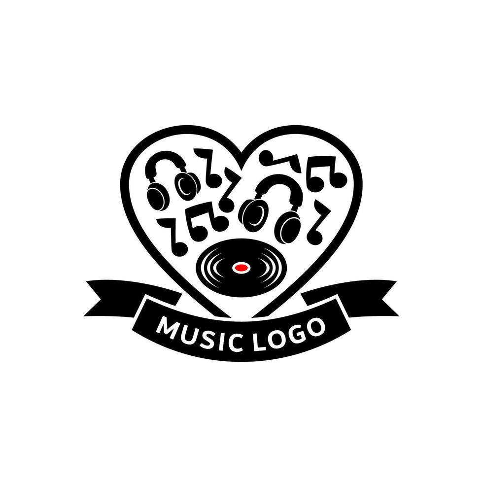 liefde muziek- logo. muziek- logo sjabloon gebruik makend van koptelefoon en vinyl vector