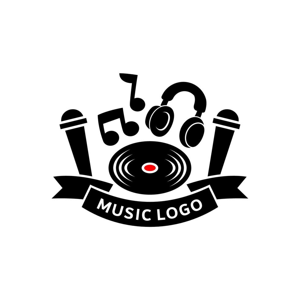 muziek- logo sjabloon gebruik makend van koptelefoon, vinyl en microfoon vector