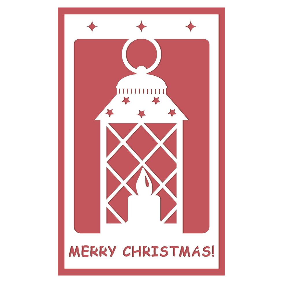 feestelijk 3d ansichtkaart in de stijl van papercut, met een Kerstmis opengewerkt lantaarn met een kaars, vector illustratie