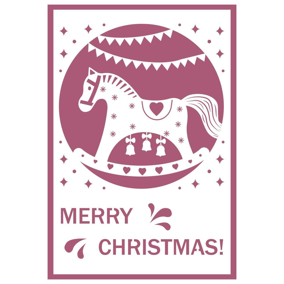vrolijk Kerstmis kaart met schommelen paard, symbool van een nieuw jaar. vector illustratie geïsoleerd Aan wit achtergrond.