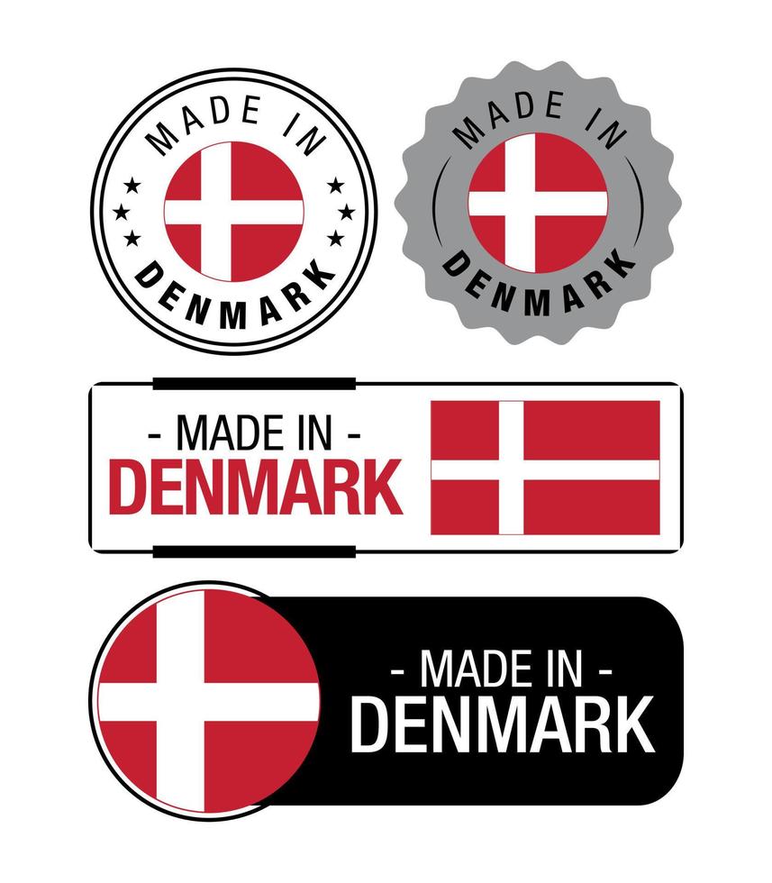 reeks van gemaakt in Denemarken etiketten, logo, Denemarken vlag, Denemarken Product embleem vector