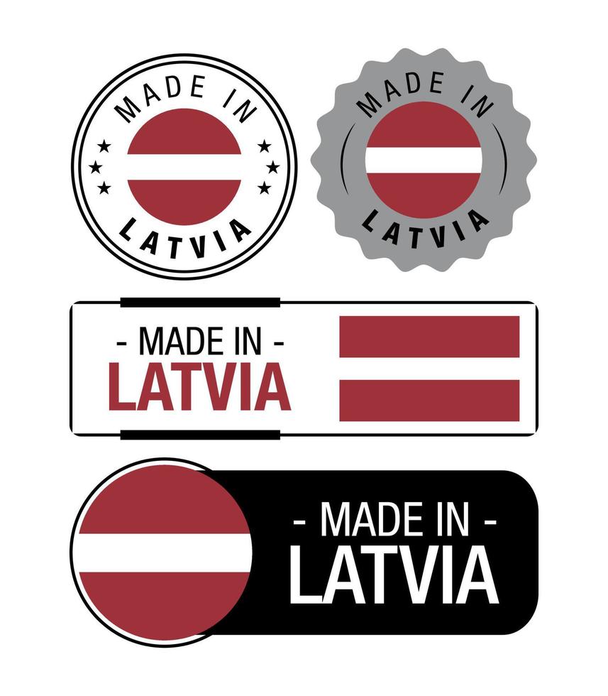 reeks van gemaakt in Letland etiketten, logo, Letland vlag, Letland Product embleem vector