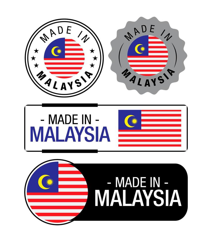 reeks van gemaakt in Maleisië etiketten, logo, Maleisië vlag, Maleisië Product embleem vector