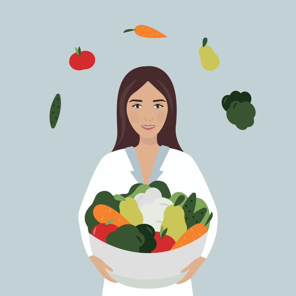 voedingsdeskundige concept. vector tekenfilm mooi jong vrouw met groenten en fruit schaal. eetpatroon planner. voeding behandeling met gezond voedsel.