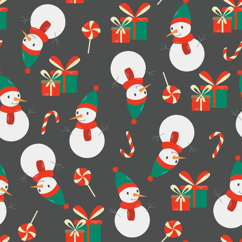 vector naadloos patroon van tekening sneeuwmannen. kleurrijk sneeuwmannen Aan donker achtergrond. snoep wandelstokken, geschenk dozen, Kerstmis symbolen concept