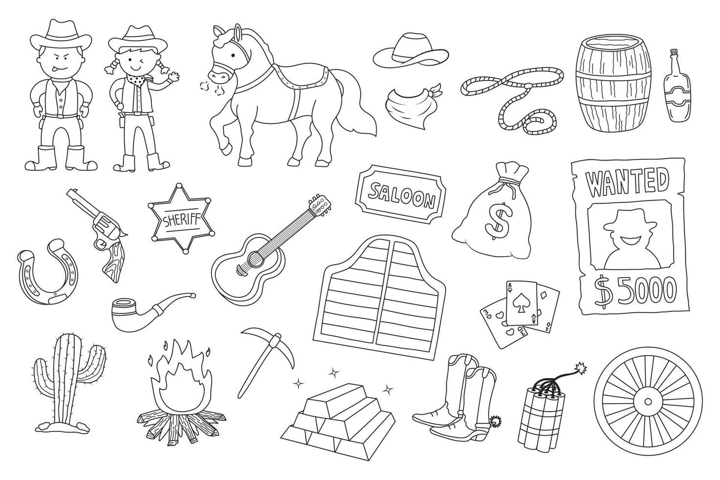hand- getrokken vector illustratie reeks van wild west elementen inclusief paard en gezocht poster met een cowboy