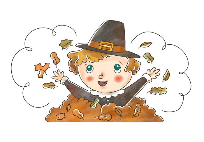 Leuke Pilgrim Kid Spelen Met Herfstbladeren Voor Thanksgiving Vector