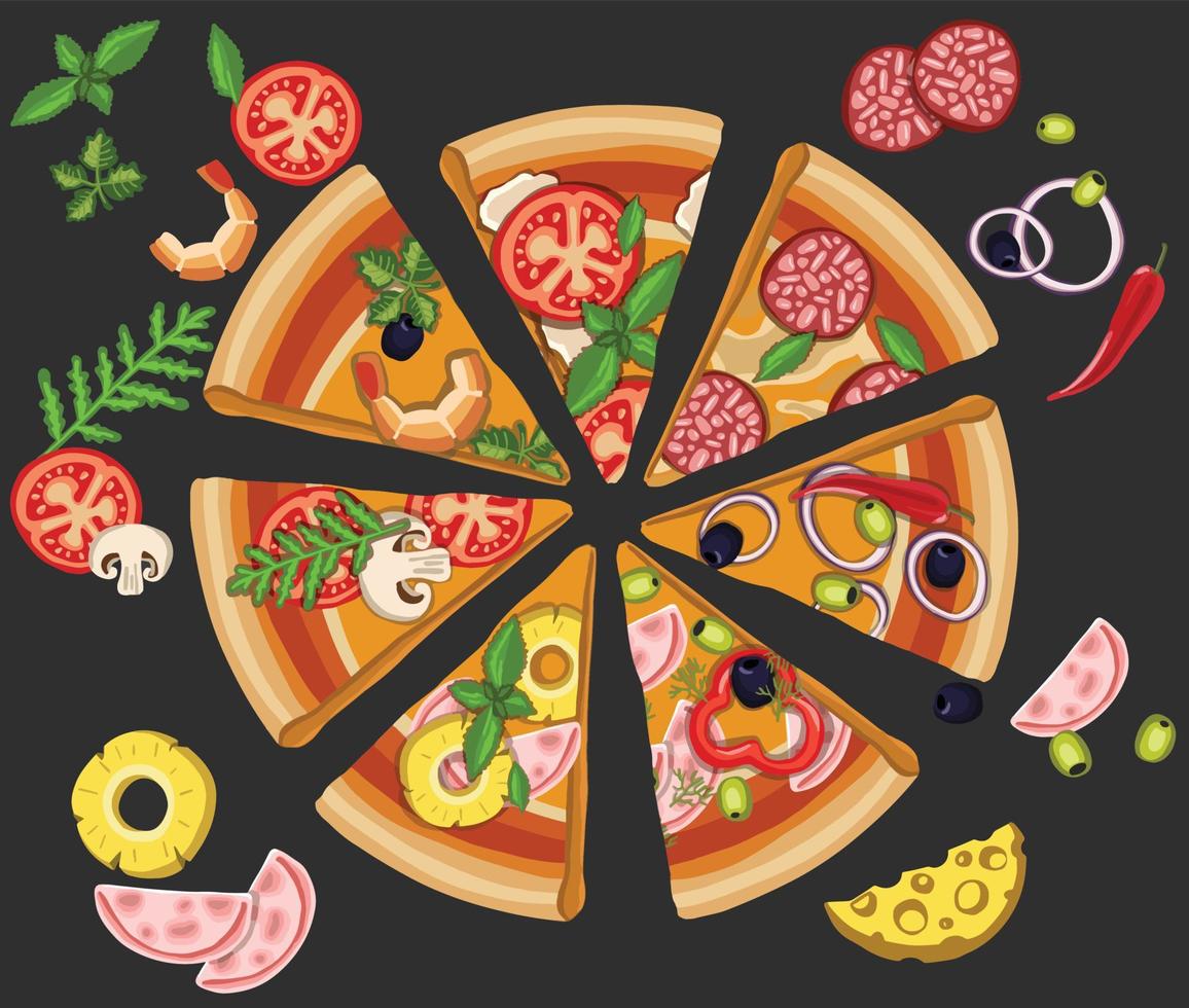 reeks van pizza's met divers vullingen. illustratie. vector