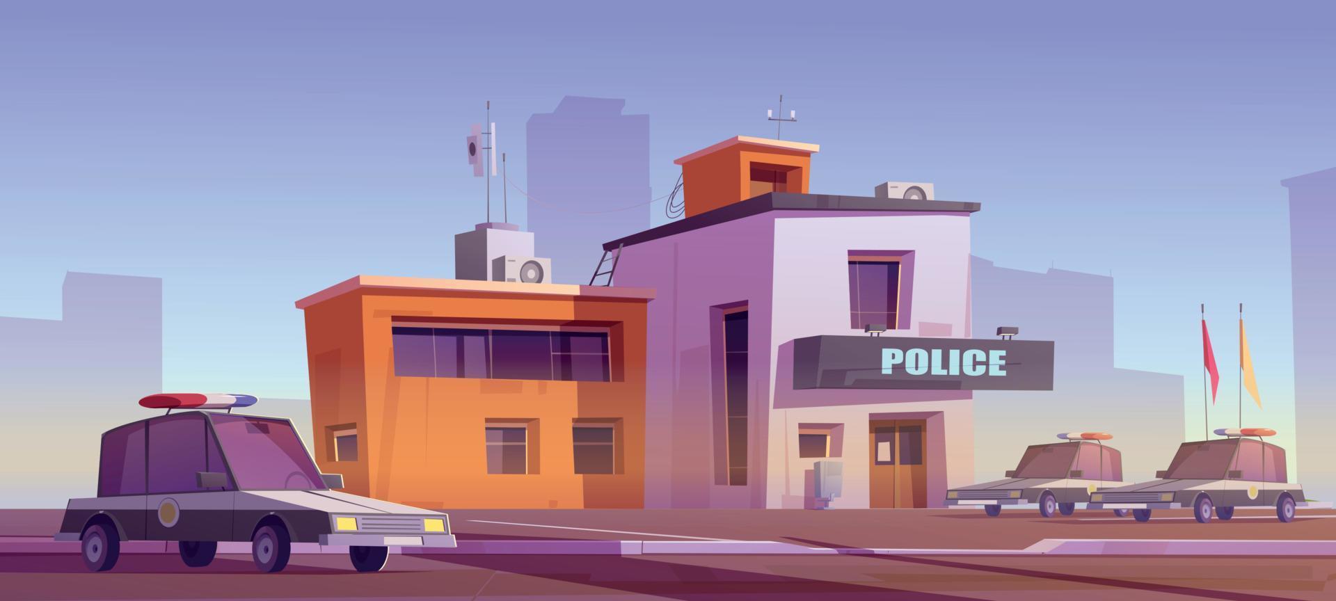 tekenfilm Politie station gebouw met patrouille auto's vector
