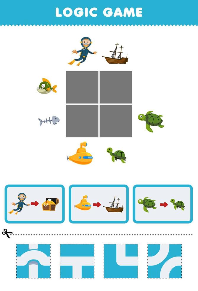 onderwijs spel voor kinderen logica puzzel bouwen de weg voor duiker onderzeeër en schildpad Actie naar schat borst en vernield schip afdrukbare onderwater- werkblad vector