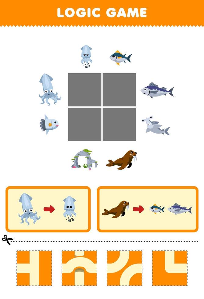 onderwijs spel voor kinderen logica puzzel bouwen de weg voor inktvis en walrus Actie naar vis afdrukbare onderwater- werkblad vector