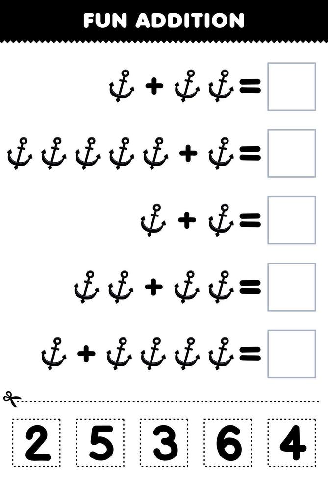 onderwijs spel voor kinderen pret toevoeging door besnoeiing en bij elkaar passen correct aantal voor schattig tekenfilm anker afdrukbare onderwater- werkblad vector