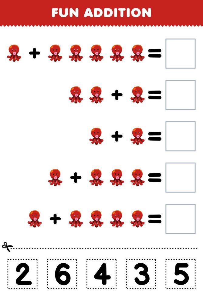 onderwijs spel voor kinderen pret toevoeging door besnoeiing en bij elkaar passen correct aantal voor schattig tekenfilm Octopus afdrukbare onderwater- werkblad vector