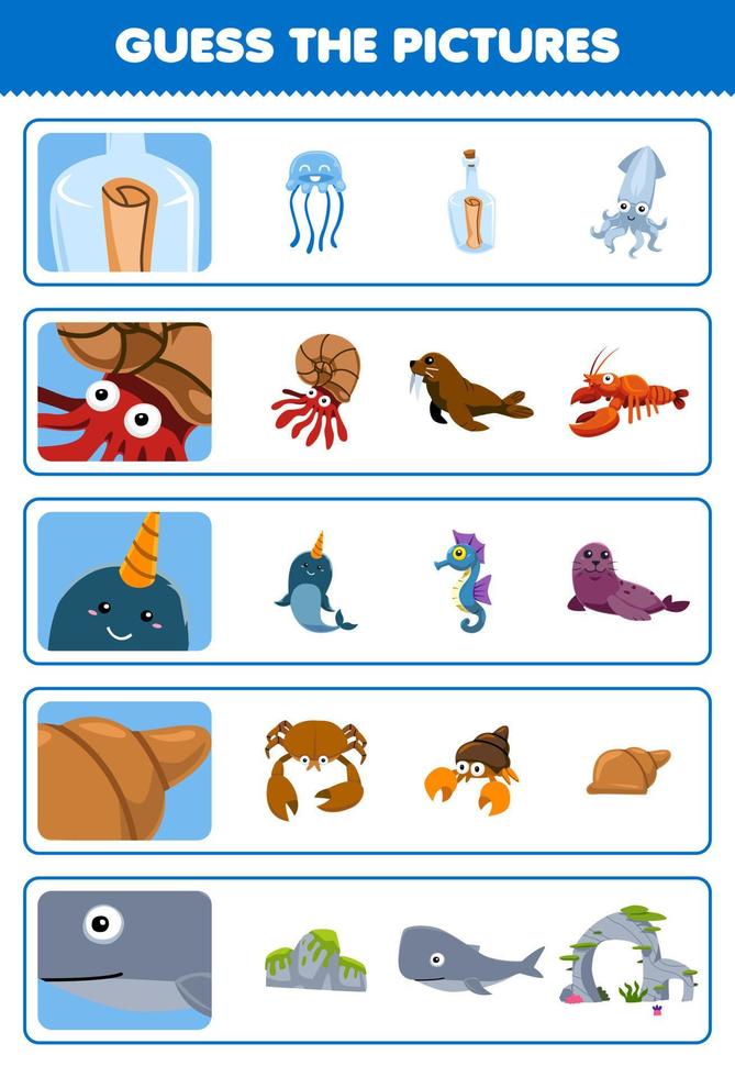 onderwijs spel voor kinderen Raad eens de correct afbeeldingen van schattig tekenfilm fles schelp narwal walvis afdrukbare onderwater- werkblad vector