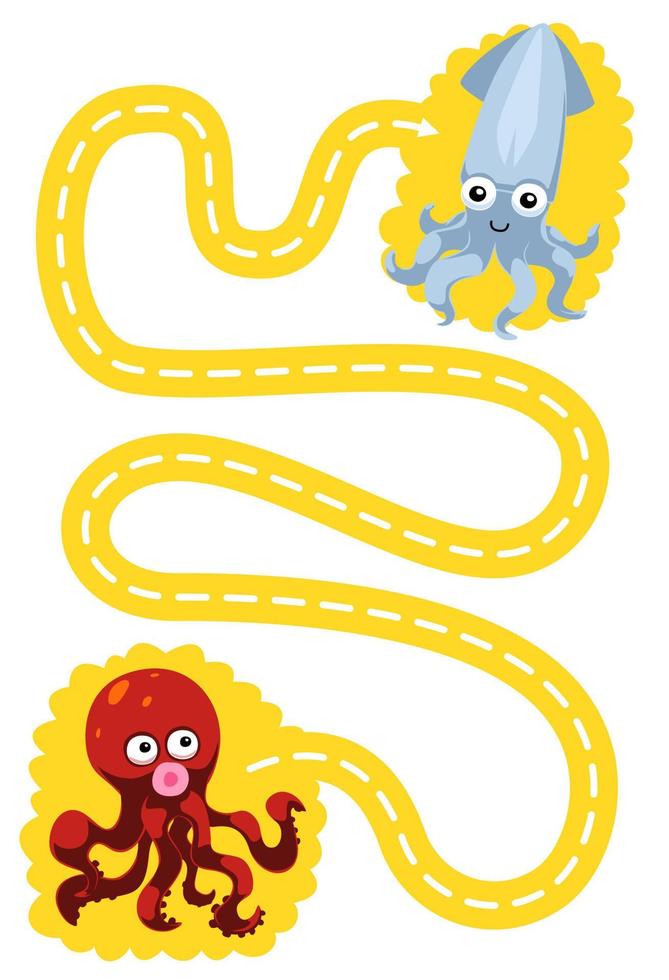 onderwijs spel voor kinderen handschrift praktijk spoor de lijnen helpen schattig tekenfilm Octopus Actie naar inktvis afdrukbare onderwater- werkblad vector