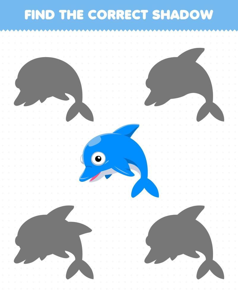 onderwijs spel voor kinderen vind de correct schaduw van schattig tekenfilm dolfijn afdrukbare onderwater- werkblad vector