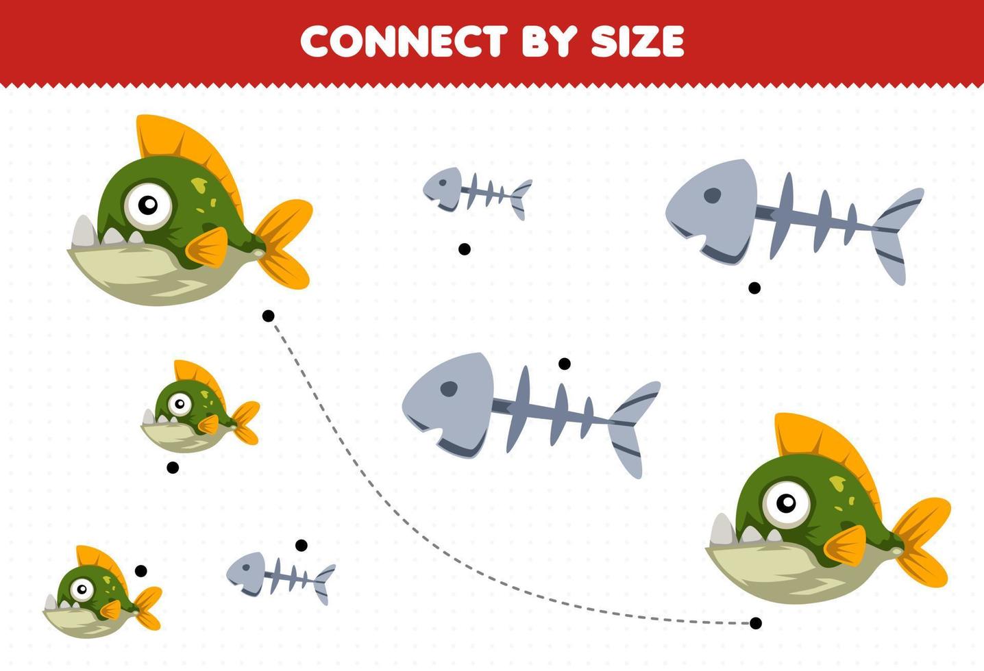 leerzaam spel voor kinderen aansluiten door de grootte van schattig tekenfilm piranha en vis bot afdrukbare onderwater- werkblad vector