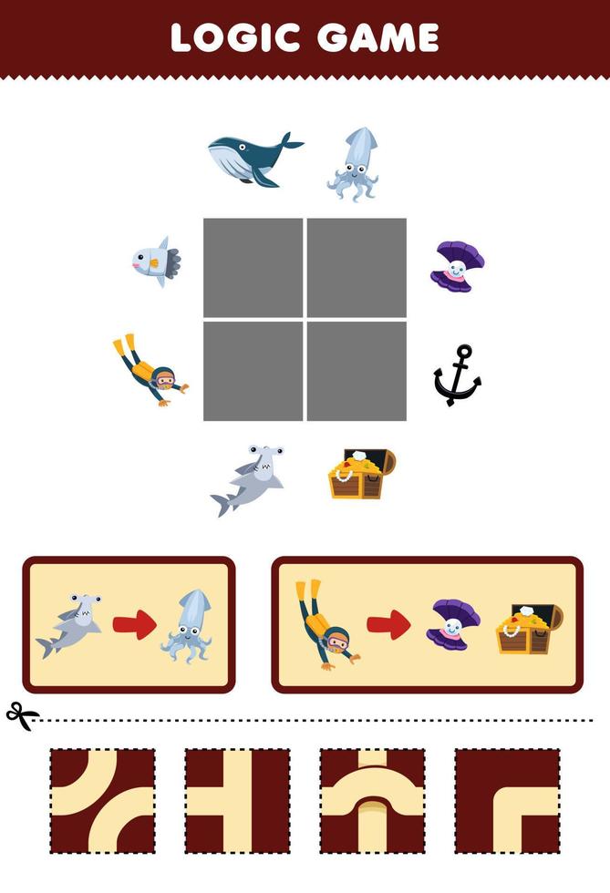 onderwijs spel voor kinderen logica puzzel bouwen de weg voor hamer haai en duiker Actie naar inktvis en schelp schat borst afdrukbare onderwater- werkblad vector