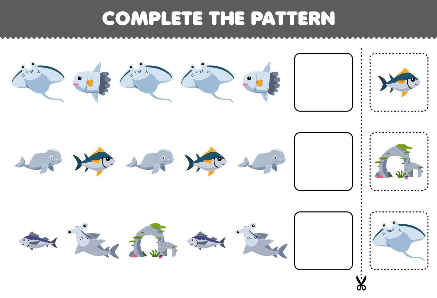 onderwijs spel voor kinderen besnoeiing en compleet de patroon van elk rij van een schattig tekenfilm manta maanvis beluga vis hamer haai werkblad vector
