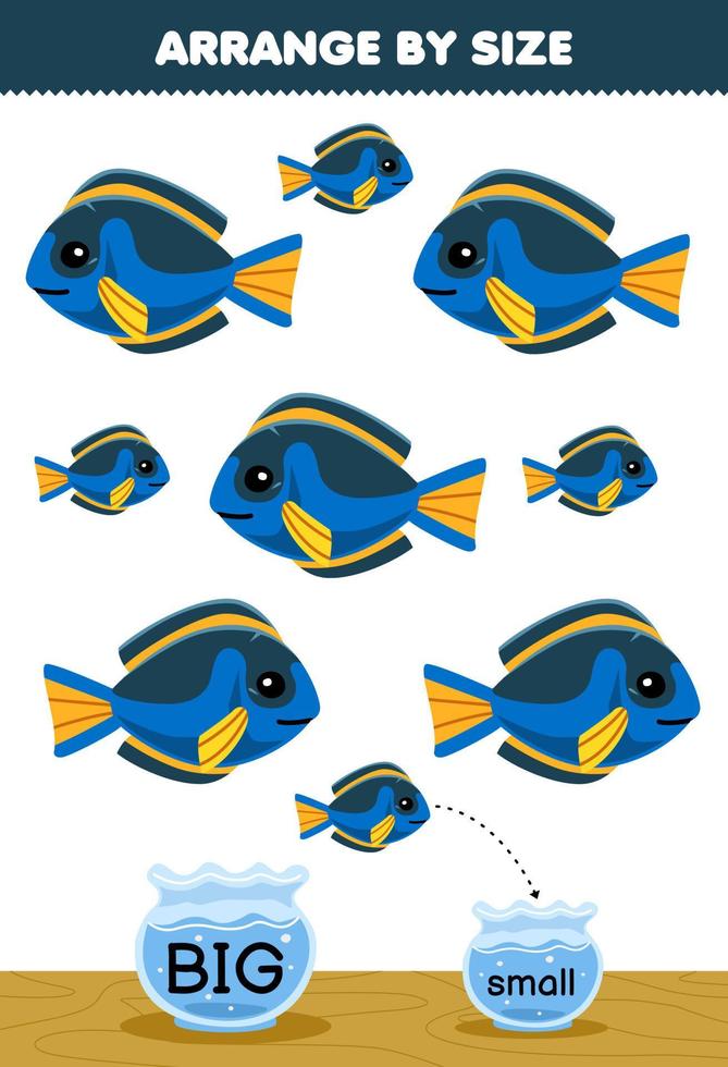 onderwijs spel voor kinderen regelen door grootte groot of klein zetten het in de vis kom van schattig tekenfilm blauw vis afdrukbare onderwater- werkblad vector