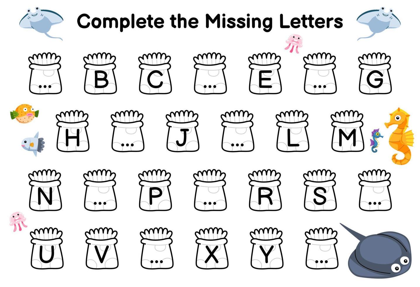 onderwijs spel voor compleet de missend brieven met schattig tekenfilm manta zeepaardje en pijlstaartrog afbeelding afdrukbare onderwater- werkblad vector