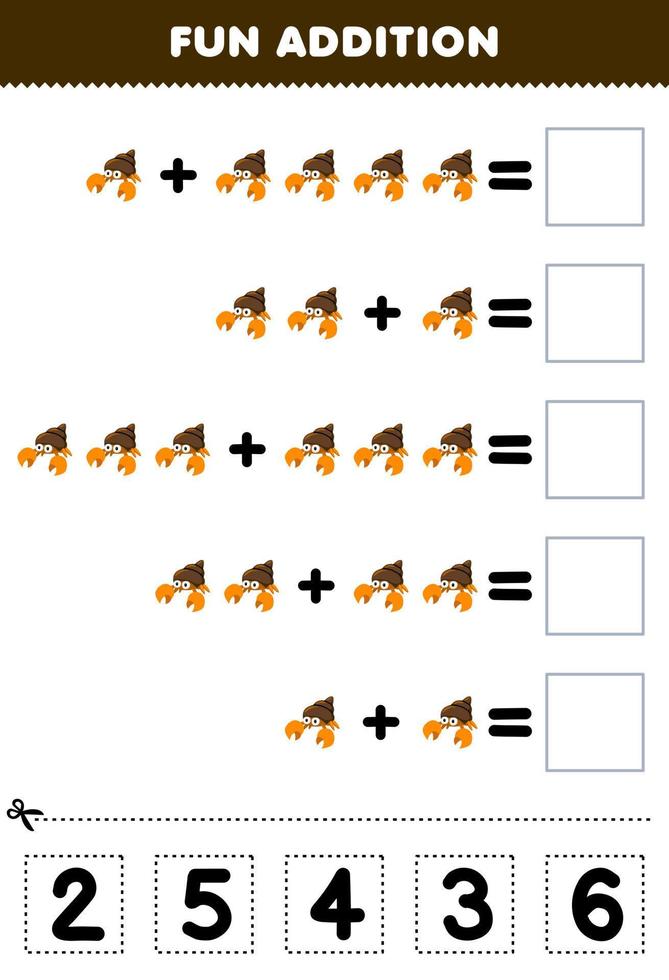 onderwijs spel voor kinderen pret toevoeging door besnoeiing en bij elkaar passen correct aantal voor schattig tekenfilm kluizenaar krab afdrukbare onderwater- werkblad vector