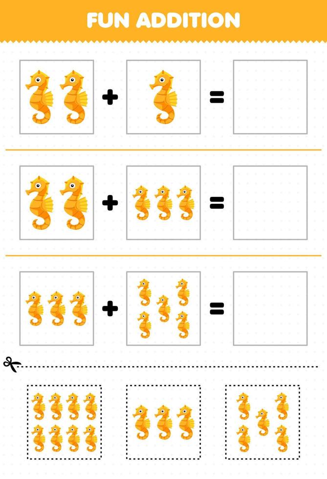 onderwijs spel voor kinderen pret toevoeging door besnoeiing en bij elkaar passen van schattig tekenfilm zeepaardje afbeeldingen voor afdrukbare onderwater- werkblad vector