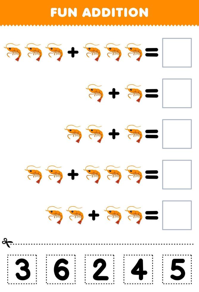 onderwijs spel voor kinderen pret toevoeging door besnoeiing en bij elkaar passen correct aantal voor schattig tekenfilm garnaal afdrukbare onderwater- werkblad vector