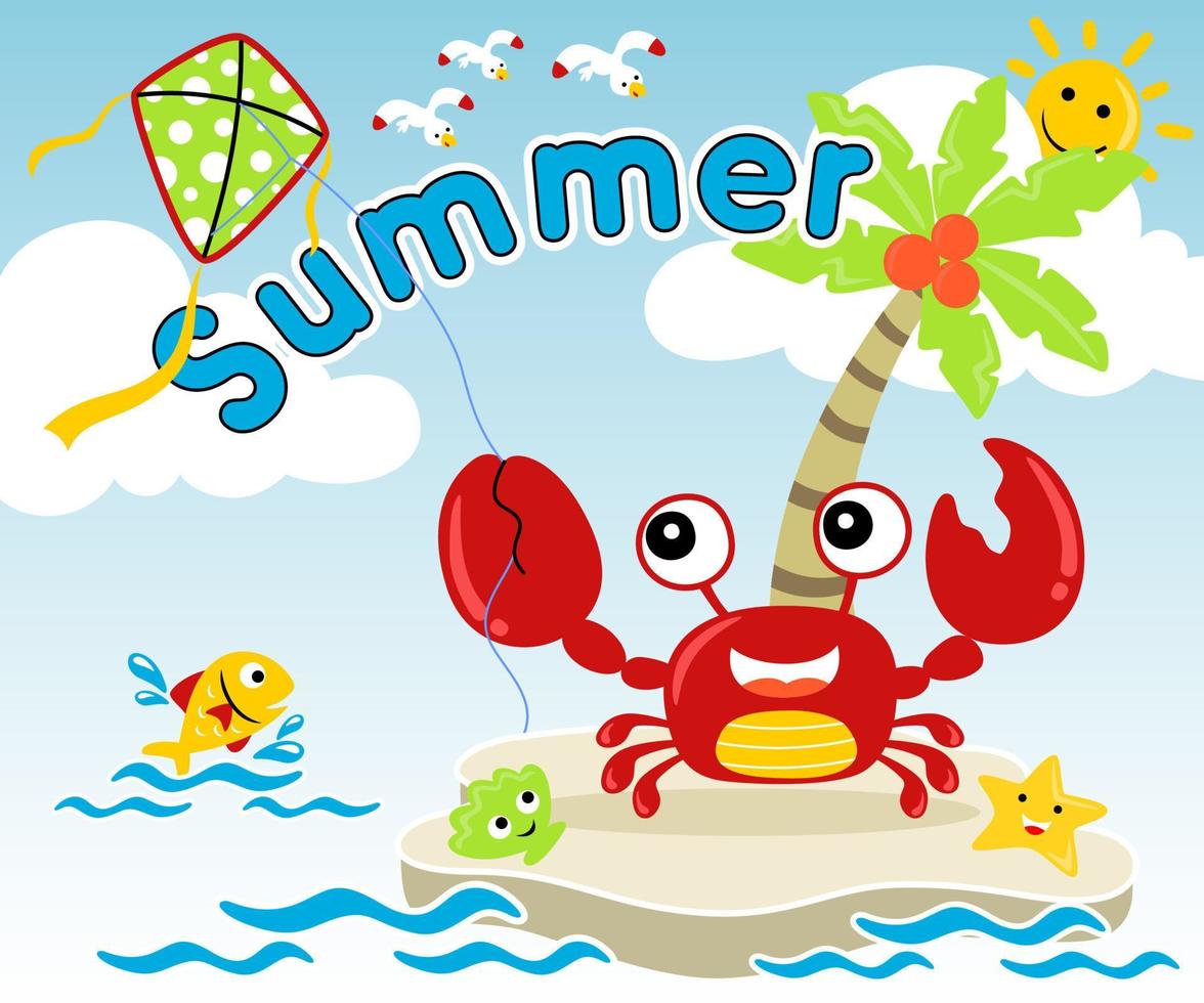 vector illustratie van schattig krab tekenfilm spelen vlieger met marinier dieren in de strand. zomer element tekenfilm