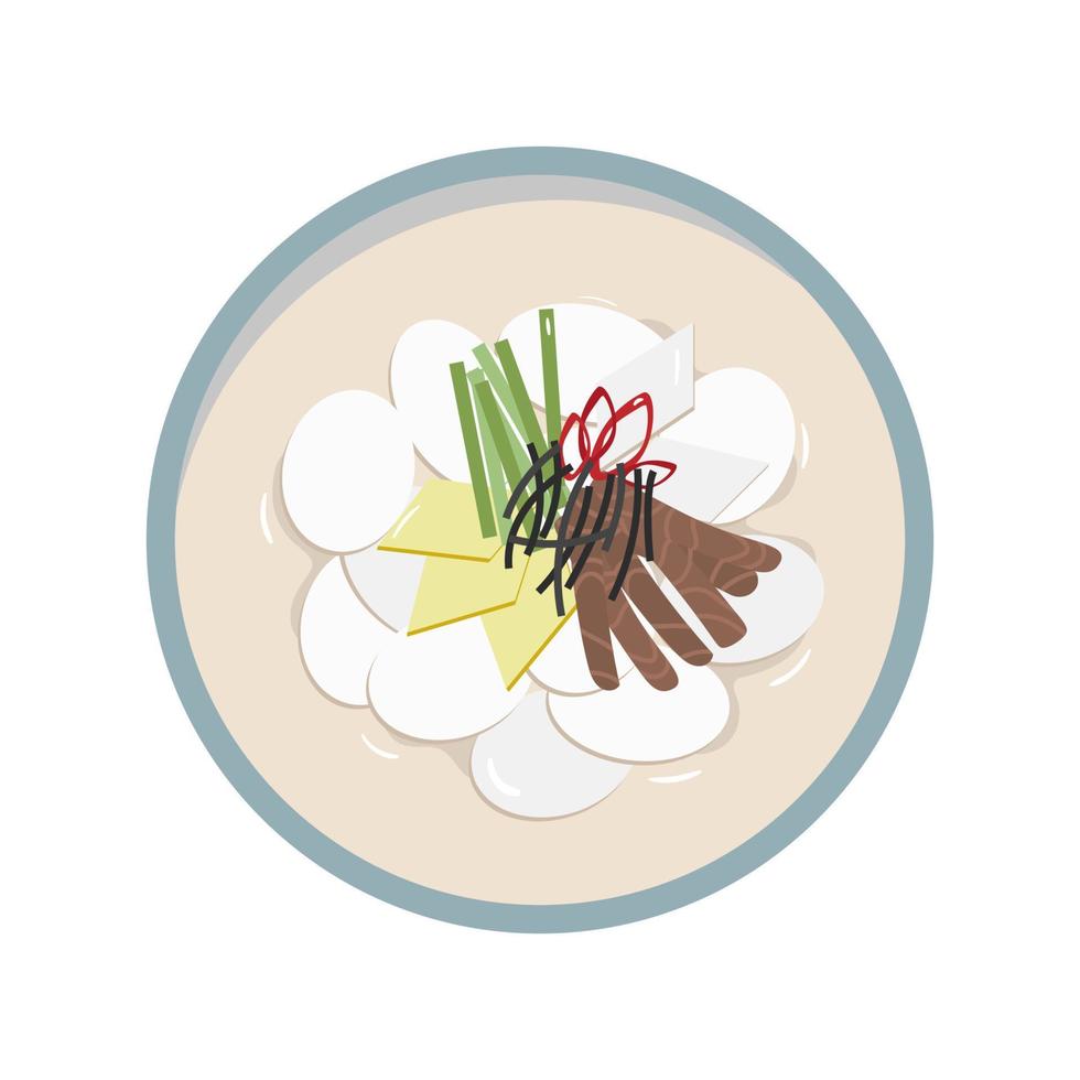 nationaal schotel voor maan- nieuw jaar of seollal tteok-guk besnoeiing uit. Koreaans traditioneel soep tteokguk geïsoleerd. oosters vakantie tet voedsel in gemakkelijk vlak stijl. vector voorraad illustratie