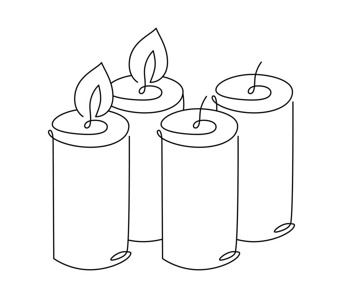 vier hand- getrokken een lijn kaarsen vector icoon. twee kaarsen zijn brandend. Kerstmis komst illustratie voor groet kaart, web ontwerp geïsoleerd vakantie uitnodiging Aan wit achtergrond