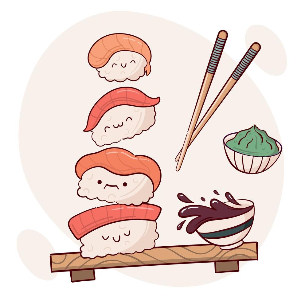 trek grappig kawaii nigiri sushi vector illustratie. Japans Aziatisch traditioneel voedsel, Koken, menu concept. tekening tekenfilm stijl.