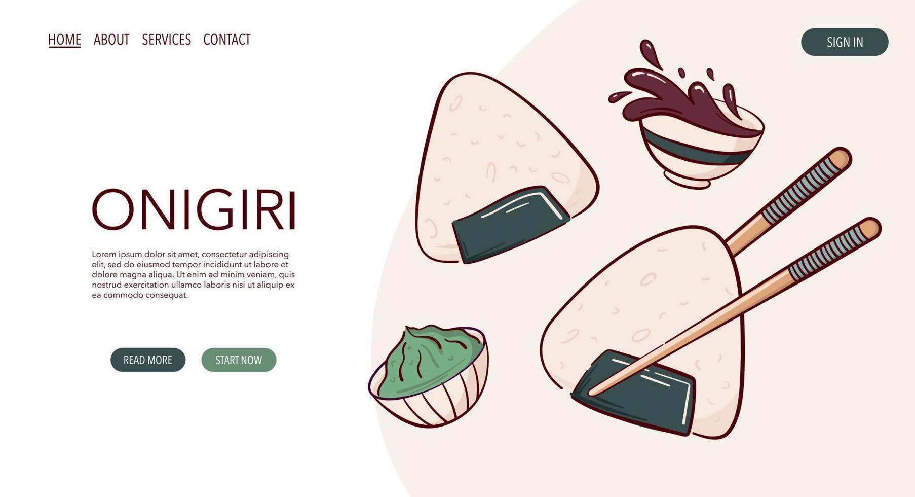 web bladzijde trek Japans onigiri rijst- ballen met noch ik vector illustratie. Japans Aziatisch voedsel, Koken, menu concept. banier, website, reclame in tekening tekenfilm stijl..