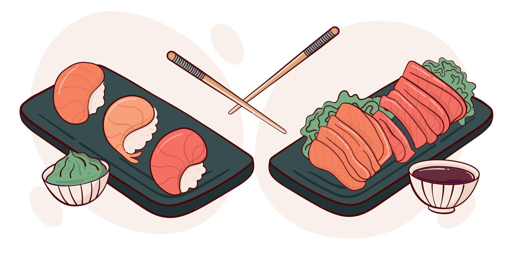 trek sashimi nigiri rauw vis vector illustratie. Japans Aziatisch traditioneel voedsel, Koken, menu concept. tekening tekenfilm stijl.